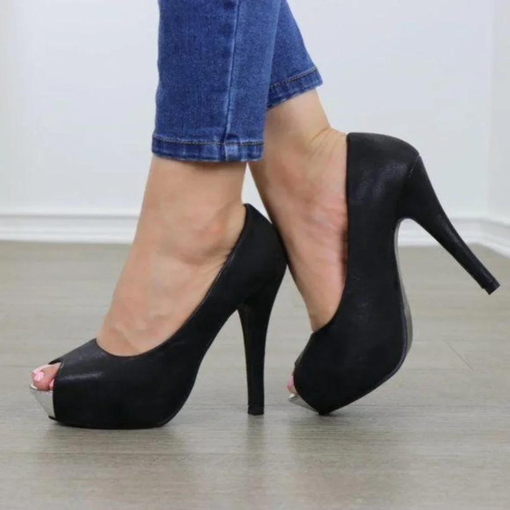 Sexy Black Metallic Peep Toe Platform High Heels - Picture 7 of 9